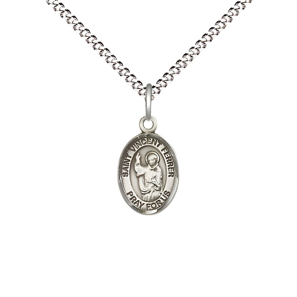 Bliss St. Vincent Ferrer Engravable Small Children Pewter Medal with Rhodium-plated Chain, Measures 1/2-inch tall by 1/4-inch wide.