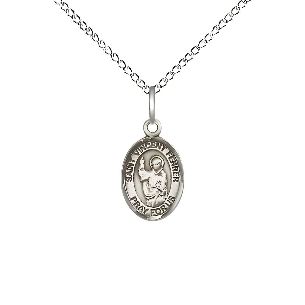 Bliss St. Vincent Ferrer Engravable Small Children Sterling Silver Medal with Sterling Chain, Measures 1/2-inch tall by 1/4-inch wide.