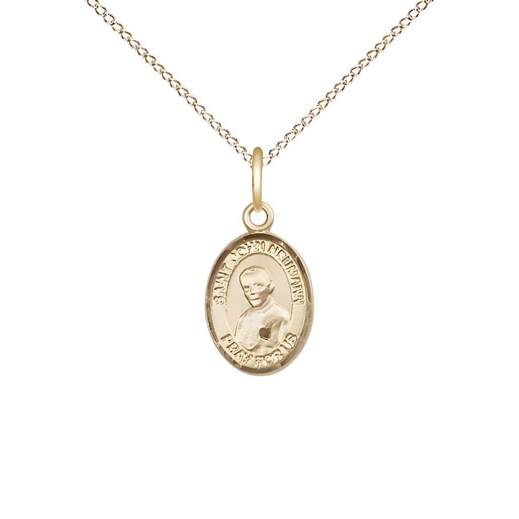 Bliss St. John Neumann 14kt Gold Oval Small Children Medal with 14kt Gold Chain, Measures 1/2-inch tall by 1/4-inch wide.