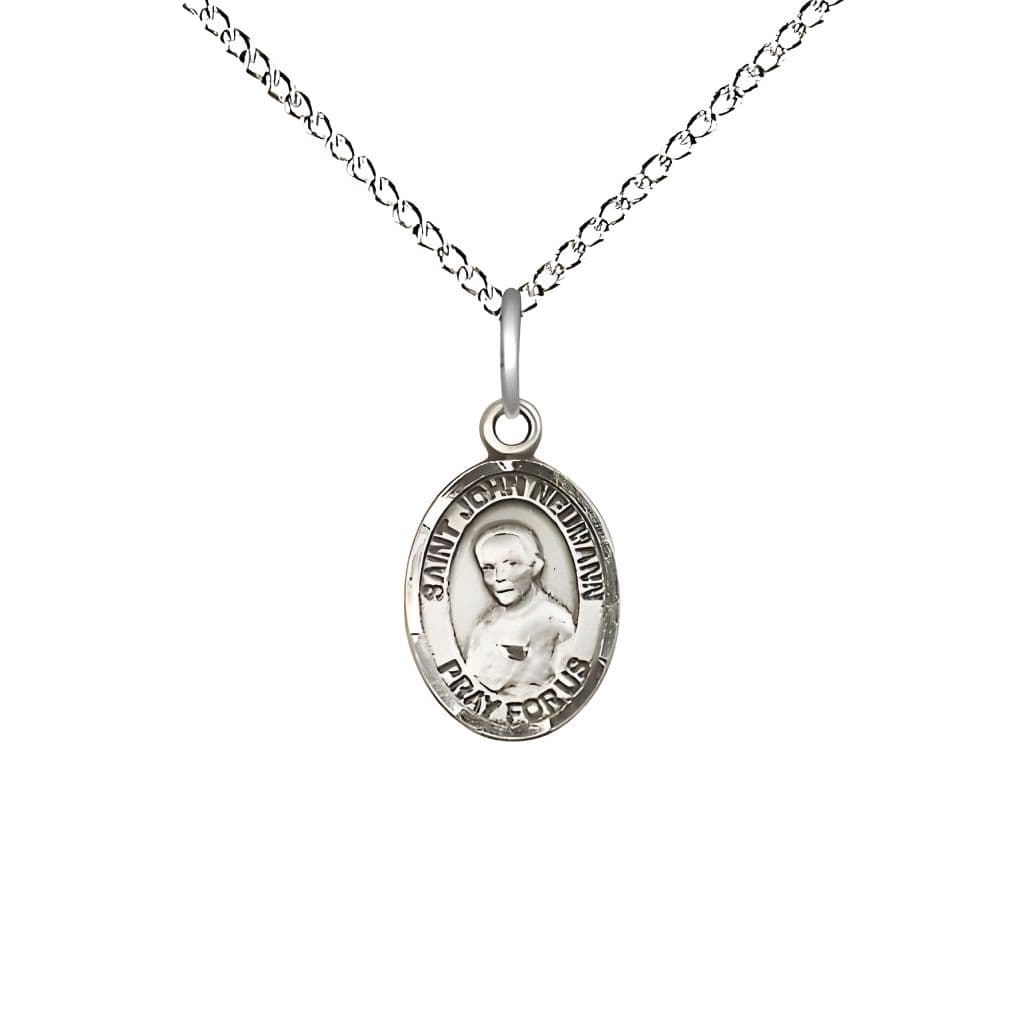 Bliss St. John Neumann Engravable Small Children Sterling Silver Medal with Sterling Chain, Measures 1/2-inch tall by 1/4-inch wide.