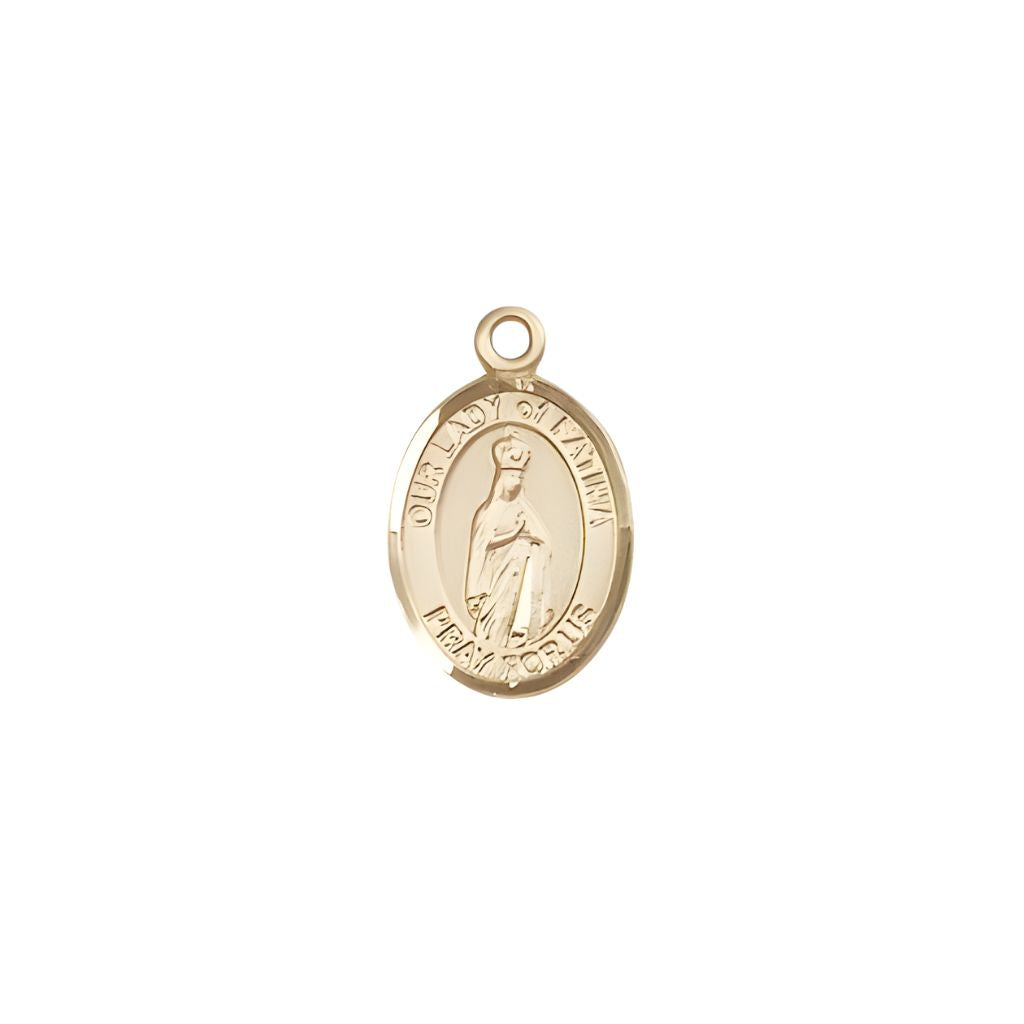 Bliss Our Lady of Fatima 14kt Gold Oval Small Children Medal, Measures 1/2-inch tall by 1/4-inch wide. Deluxe Gift Box.