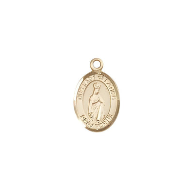 Our Lady of Fatima 14kt Gold Oval Small Children Medal, Measures 1/2-inch tall by 1/4-inch wide. Deluxe Gift Box, Bliss Manufacturing