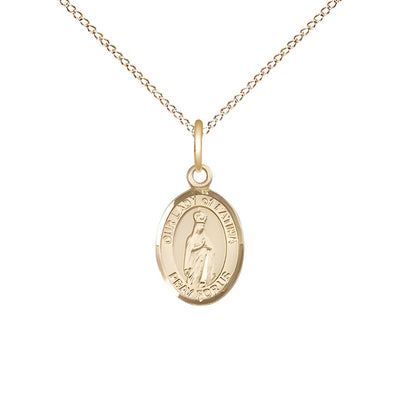 Our Lady of Fatima 14kt Gold Oval Small Children Medal with 14kt Gold Chain, Measures 1/2-inch tall by 1/4-inch wide. Deluxe Gift Box, Bliss Manufacturing
