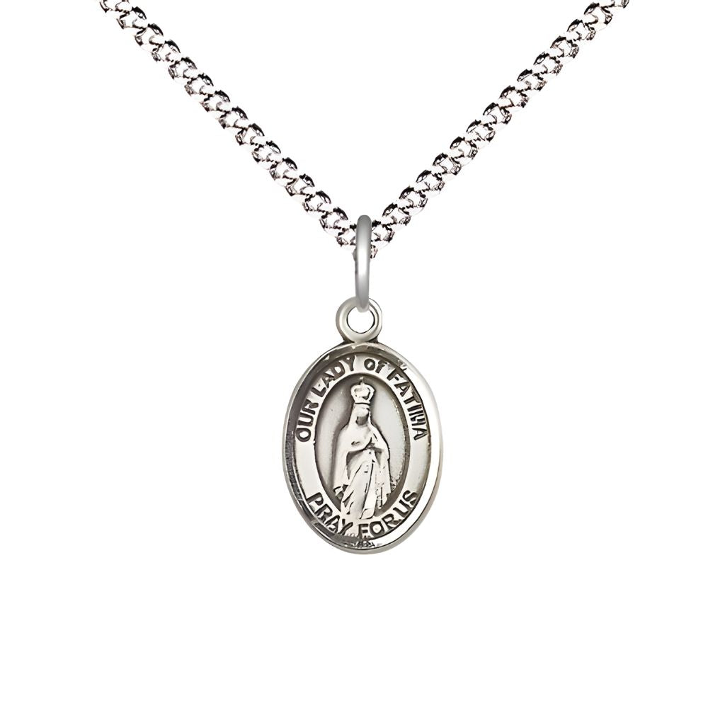 Bliss Our Lady of Fatima Small Children Pewter Medal with Rhodium-plated Chain, Measures 1/2-inch tall by 1/4-inch wide. Deluxe Gift Box.