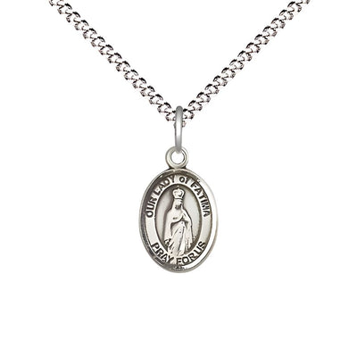 Our Lady of Fatima Small Children Pewter Medal with Rhodium-plated Chain, Measures 1/2-inch tall by 1/4-inch wide. Deluxe Gift Box, Bliss Manufacturing