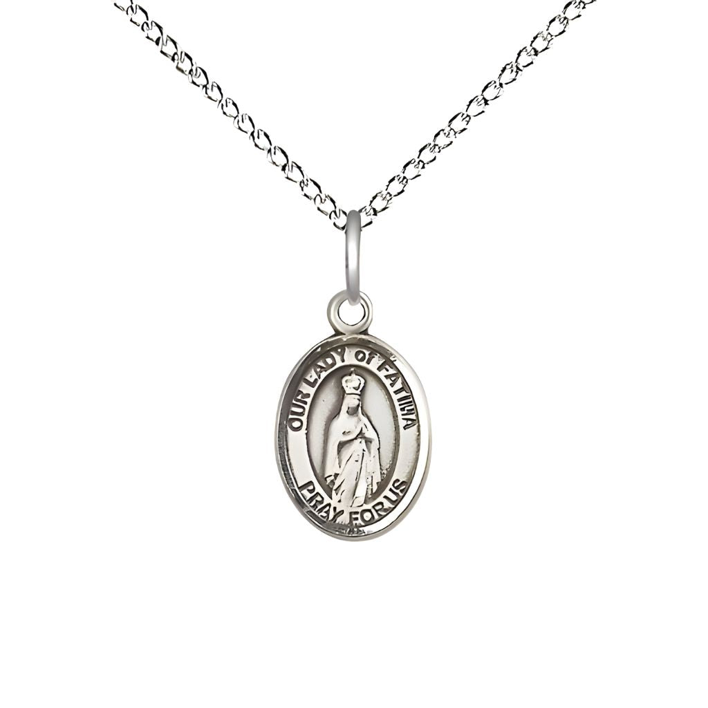 Bliss Our Lady of Fatima Small Children Sterling Silver Medal with Sterling Chain, Measures 1/2-inch tall by 1/4-inch wide. Deluxe Gift Box.