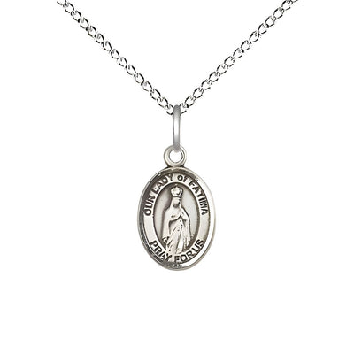 Our Lady of Fatima Small Children Sterling Silver Medal with Sterling Chain, Measures 1/2-inch tall by 1/4-inch wide. Deluxe Gift Box, Bliss Manufacturing