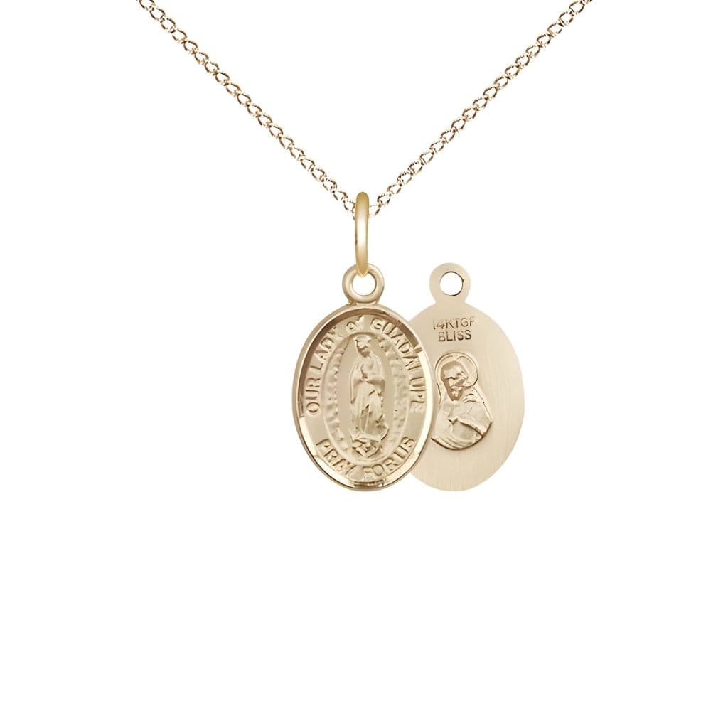 Bliss Our Lady of Guadalupe 14kt Gold-filled Oval Small Children Medal with Gold-filled Chain, Measures 1/2-inch tall by 1/4-inch wide.