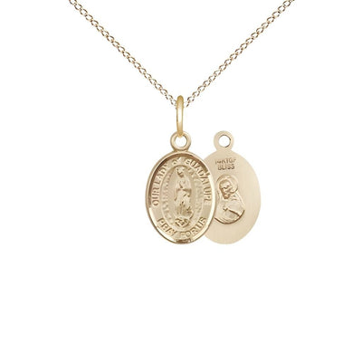 Our Lady of Guadalupe 14kt Gold-filled Oval Small Children Medal with Gold-filled Chain, Measures 1/2-inch tall by 1/4-inch wide, Bliss Manufacturing