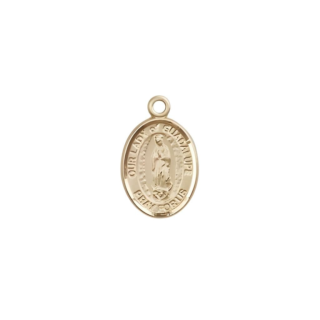 Bliss Our Lady of Guadalupe 14kt Gold Oval Small Children Medal, Measures 1/2-inch tall by 1/4-inch wide.