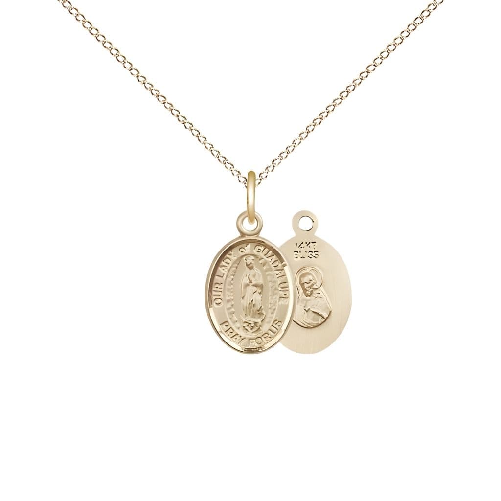 Bliss Our Lady of Guadalupe 14kt Gold Oval Small Children Medal with 14kt Gold Chain, Measures 1/2-inch tall by 1/4-inch wide.