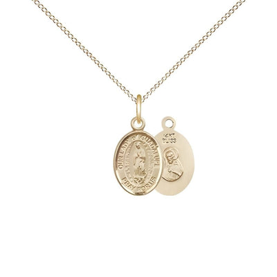 Our Lady of Guadalupe 14kt Gold Oval Small Children Medal with 14kt Gold Chain, Measures 1/2-inch tall by 1/4-inch wide, Bliss Manufacturing