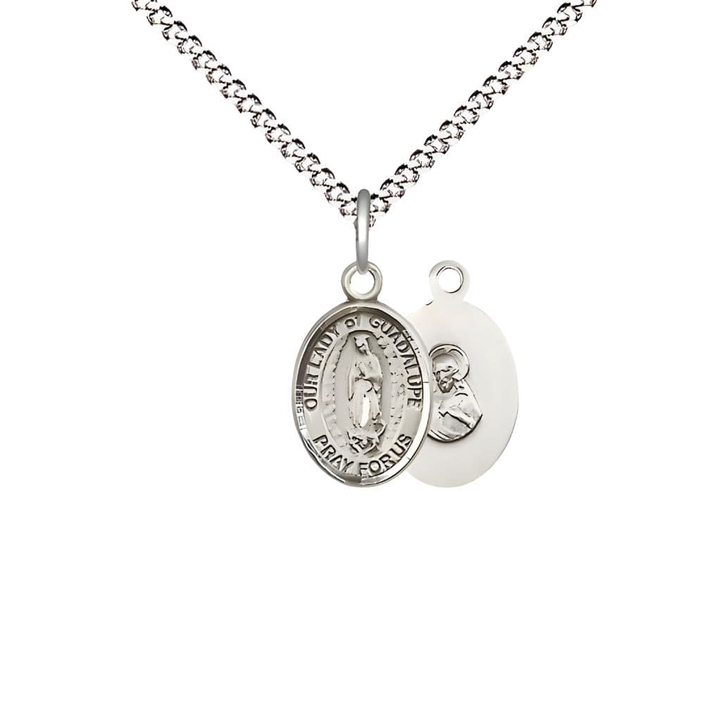 Bliss Our Lady of Guadalupe Engravable Small Children Pewter Medal with Rhodium-plated Chain, Measures 1/2-inch tall by 1/4-inch wide.