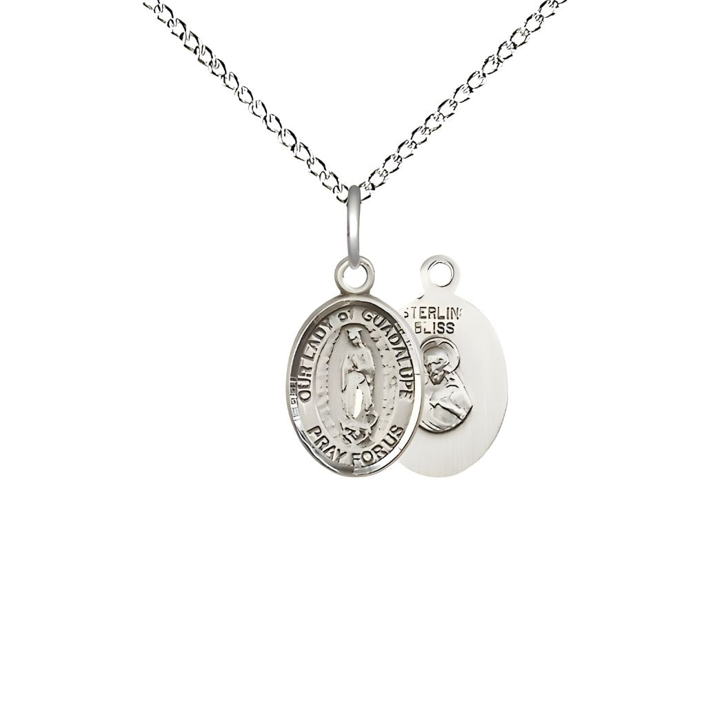 Bliss Our Lady of Guadalupe Engravable Small Children Sterling Silver Medal with Sterling Chain, Measures 1/2-inch tall by 1/4-inch wide.