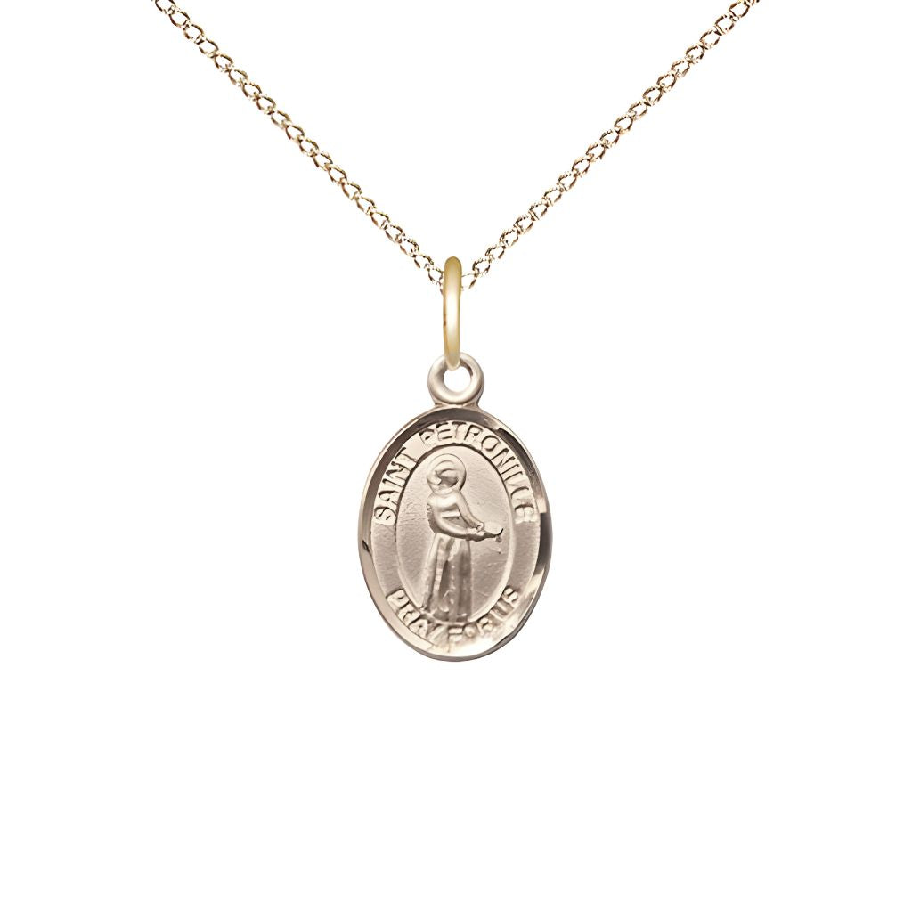 Bliss St. Petronille 14kt Gold-filled Oval Small Children Medal with Gold-filled Chain, Measures 1/2-inch tall by 1/4-inch wide.