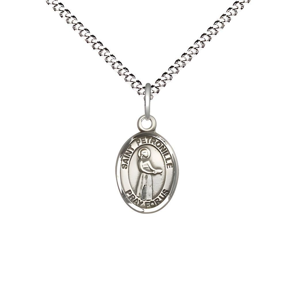Bliss St. Petronille Engravable Small Children Pewter Medal with Rhodium-plated Chain, Measures 1/2-inch tall by 1/4-inch wide.
