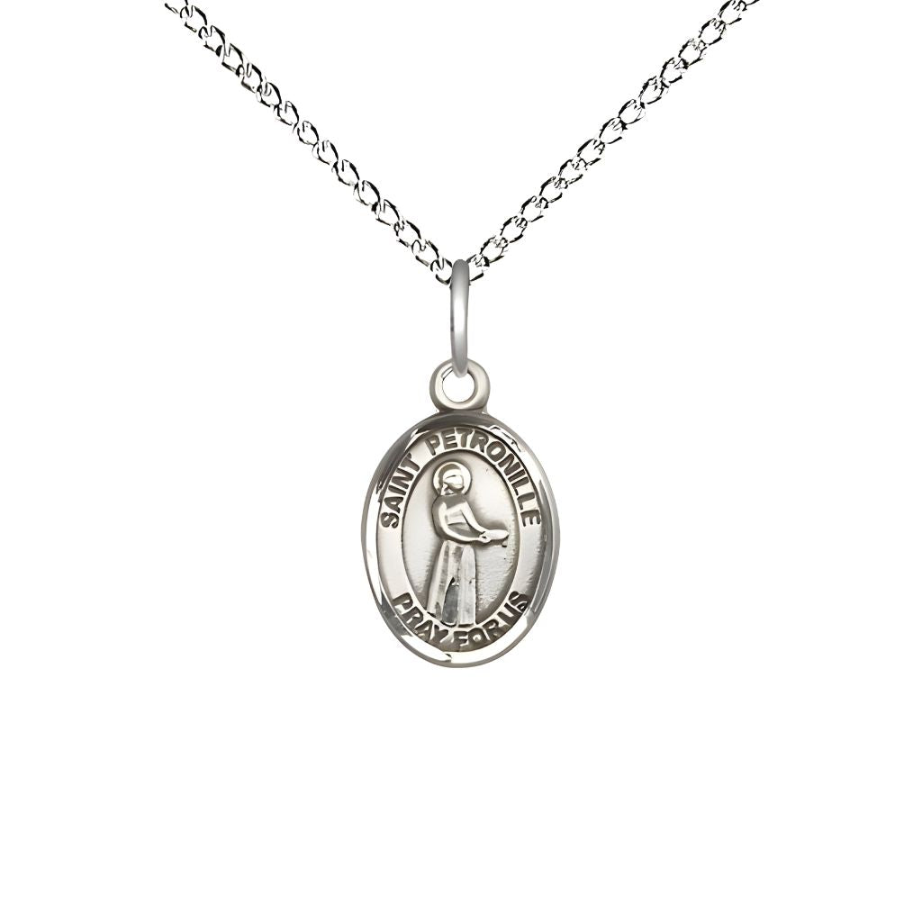 Bliss St. Petronille Engravable Small Children Sterling Silver Medal with Sterling Chain, Measures 1/2-inch tall by 1/4-inch wide.