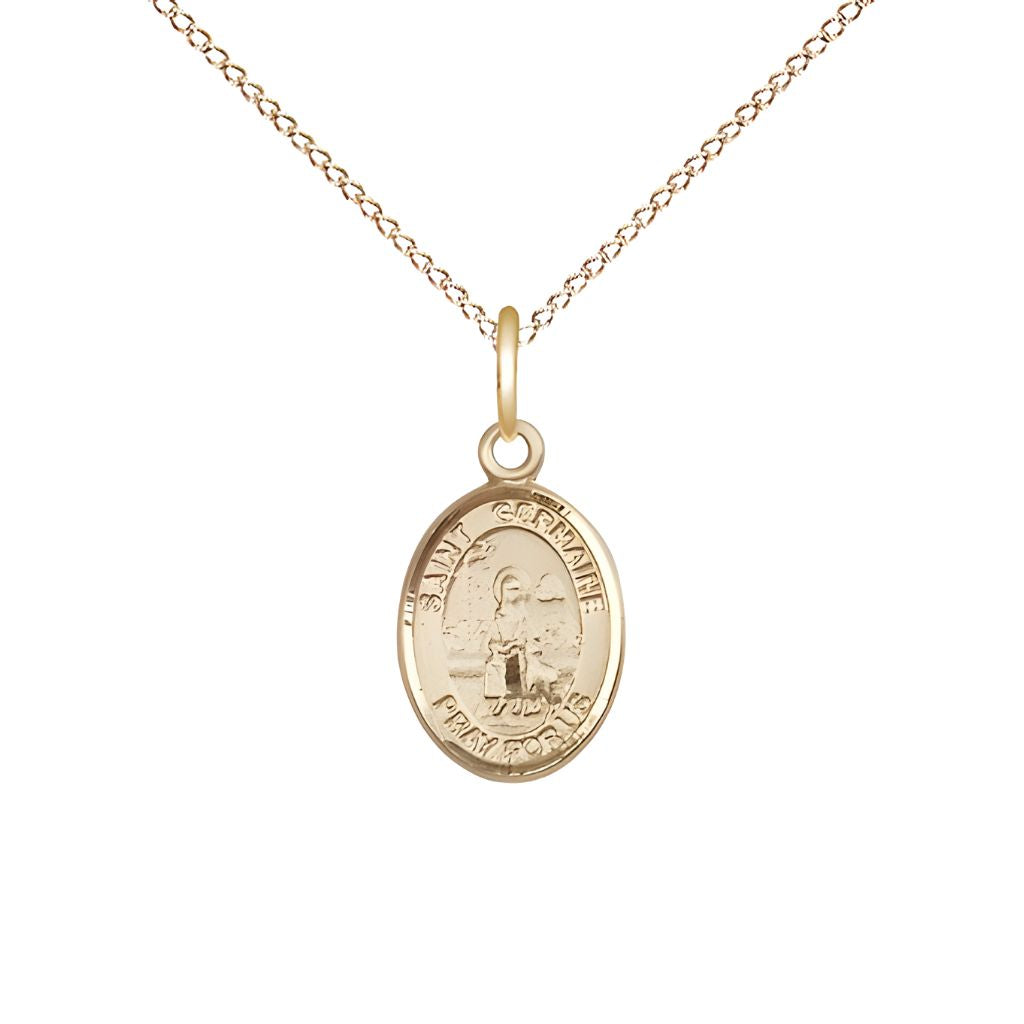 St. Germaine Cousin 14kt Gold Oval Small Children Medal with 14kt Gold Chain, Deluxe Gift Box.