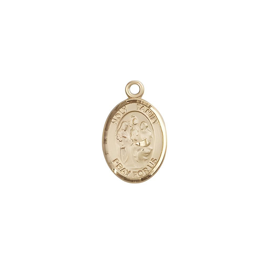 Bliss Holy Family Engravable Small 14kt Gold Medal, Measures 1/2" tall x 1/4" wide.