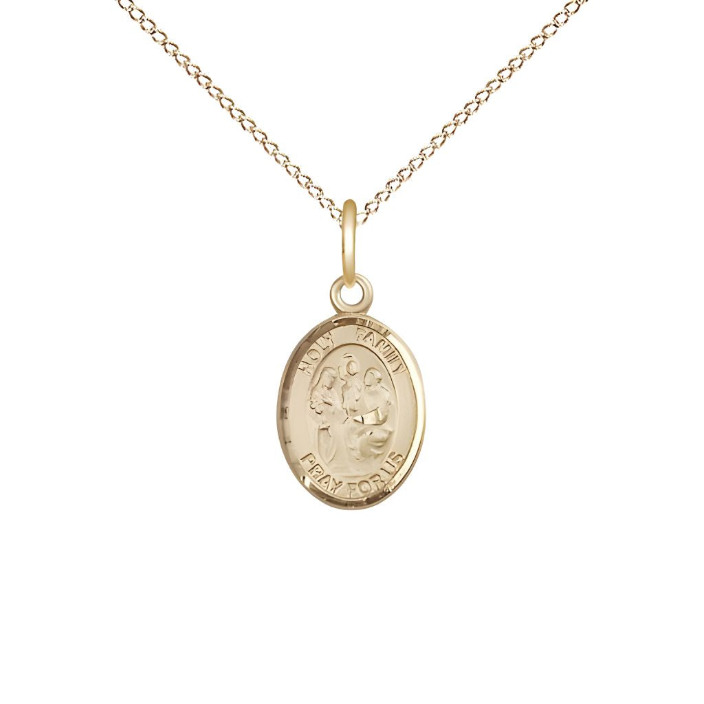 Bliss Holy Family Engravable Small 14kt Gold Medal with 14kt Gold Chain, Measures 1/2" tall x 1/4" wide.