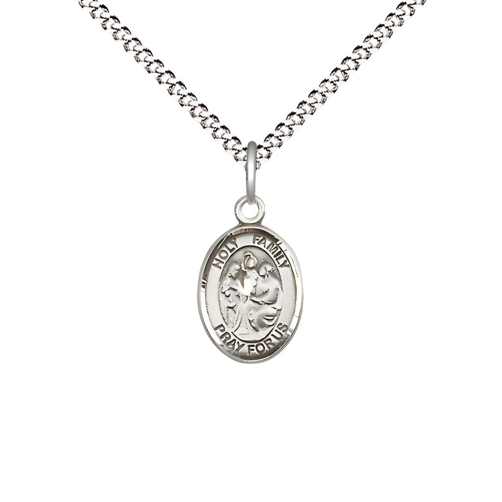 Bliss Holy Family Engravable Small Pewter Medal with Rhodium-plated Chain, Measures 1/2" tall x 1/4" wide.