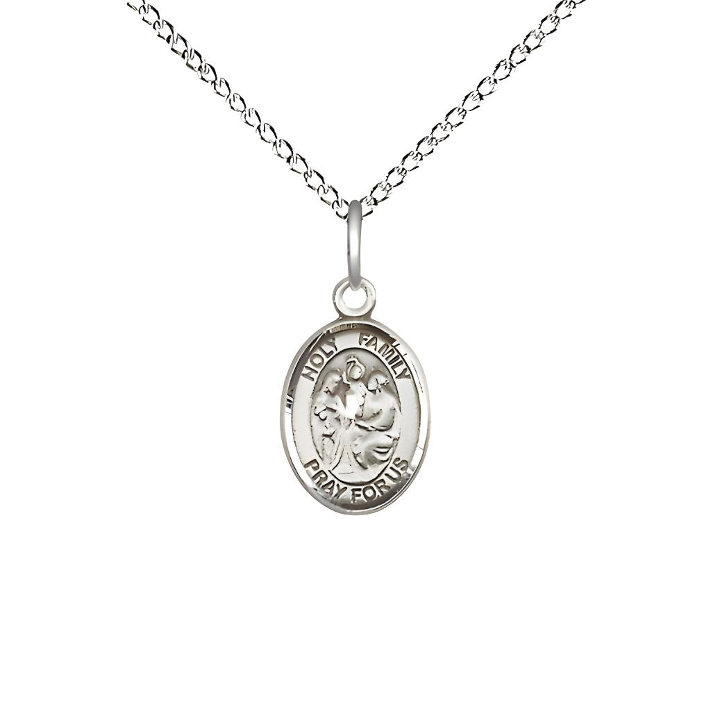 Bliss Holy Family Engravable Small Sterling Silver Medal with Sterling Chain, Measures 1/2" tall x 1/4" wide.