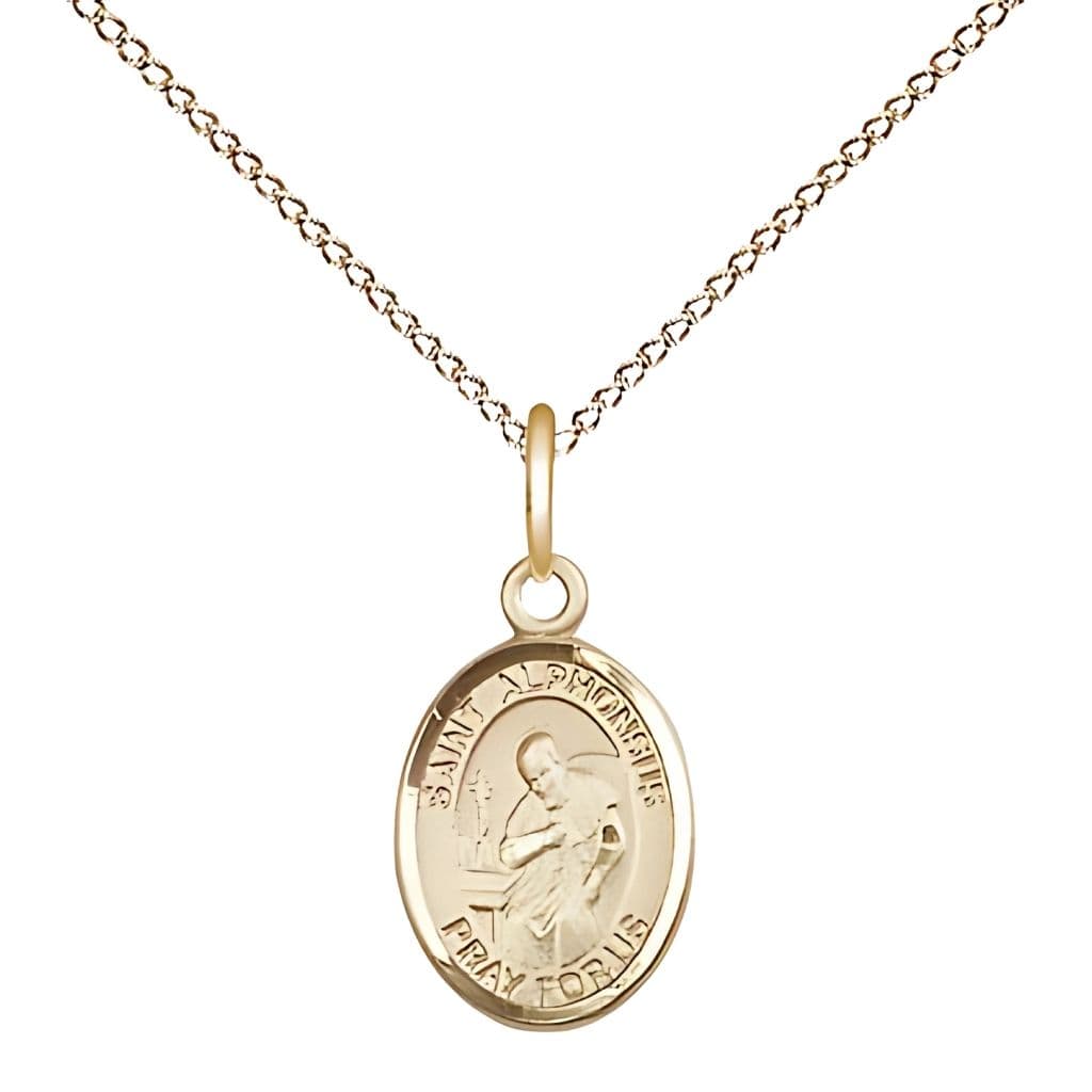 Bliss St. Alphonsus Maria de Liguori 14kt Gold Oval Children Medal with 14kt Gold Chain, Measures 1/2-inch tall by 1/4-inch wide