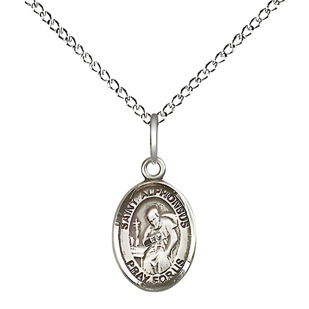 Bliss St. Alphonsus Maria de Liguori Sterling Silver Oval Children Medal with Sterling Silver Chain, Measures 1/2-inch tall by 1/4-inch wide