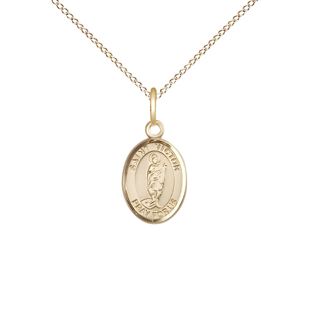 Bliss St. Victor of Marseilles 14kt Gold-filled Oval Small Children Medal with Gold-filled Chain, Measures 1/2-inch tall by 1/4-inch wide.