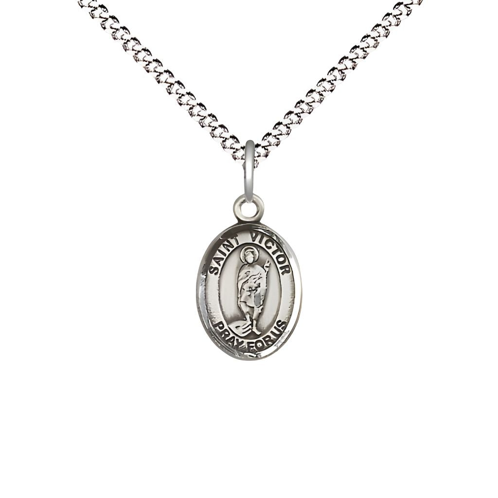 Bliss St. Victor of Marseilles Engravable Small Children Pewter Medal with Rhodium-plated Chain, Measures 1/2-inch tall by 1/4-inch wide.