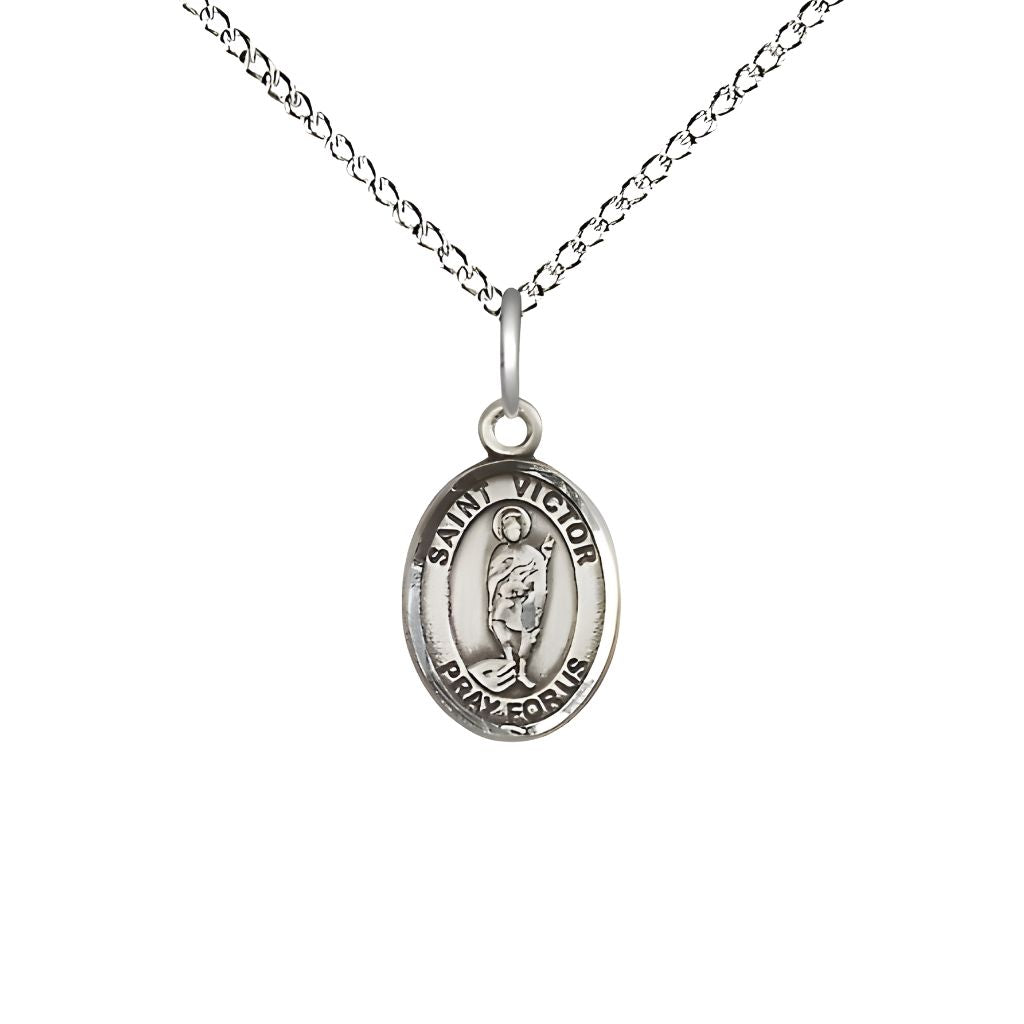 Bliss St. Victor of Marseilles Engravable Small Children Sterling Silver Medal with Sterling Chain, Measures 1/2-inch tall by 1/4-inch wide.