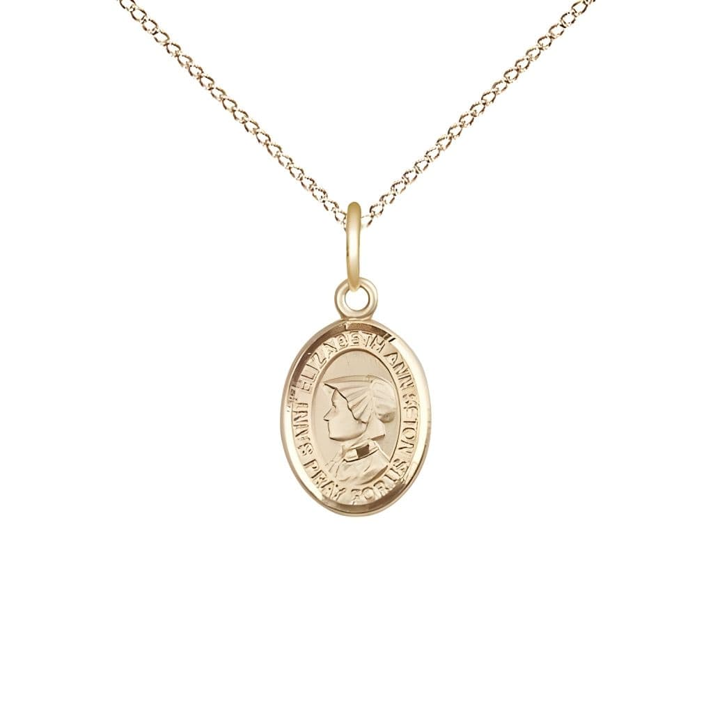 Bliss St. Elizabeth Ann Seton 14kt Gold Oval Small Children Medal with 14kt Gold Chain, Measures 1/2-inch tall by 1/4-inch wide.