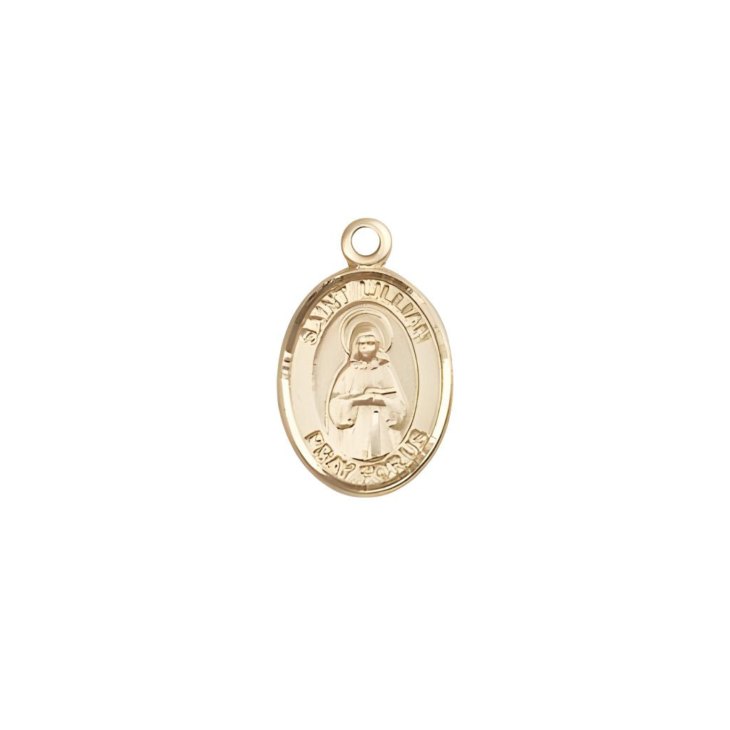 Bliss St. Lillian 14kt Gold Oval Small Children Medal, Measures 1/2-inch tall by 1/4-inch wide.