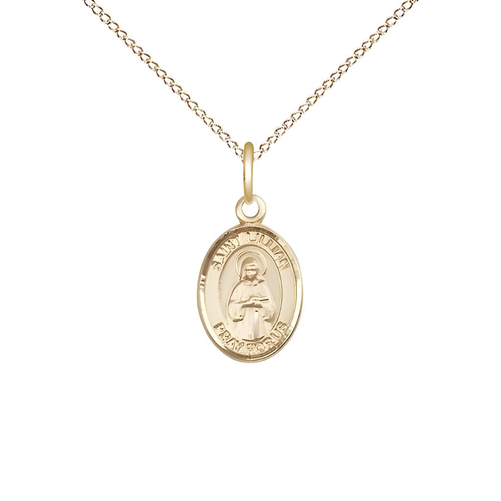 Bliss St. Lillian 14kt Gold Oval Small Children Medal with 14kt Gold Chain, Measures 1/2-inch tall by 1/4-inch wide.