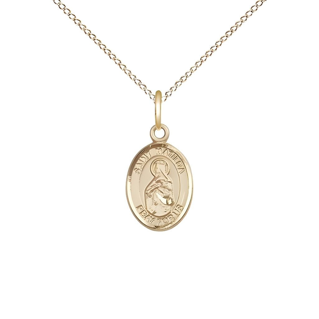 Bliss St. Matilda 14kt Gold Oval Small Children Medal with 14kt Gold Chain, Measures 1/2-inch tall by 1/4-inch wide.