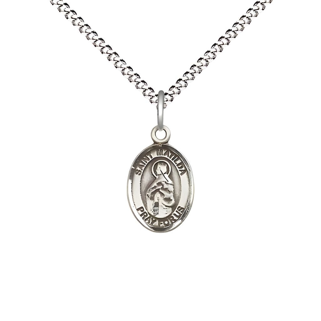 Bliss St. Matilda Engravable Small Children Pewter Medal with Rhodium-plated Chain, Measures 1/2-inch tall by 1/4-inch wide.