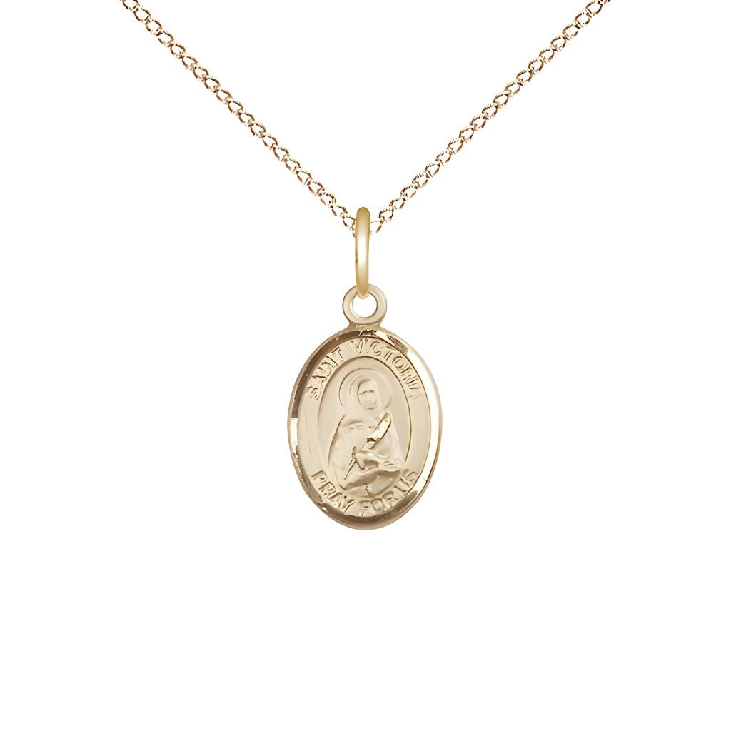 Bliss St. Victoria 14kt Gold-filled Oval Small Children Medal with Gold-filled Chain, Measures 1/2-inch tall by 1/4-inch wide.