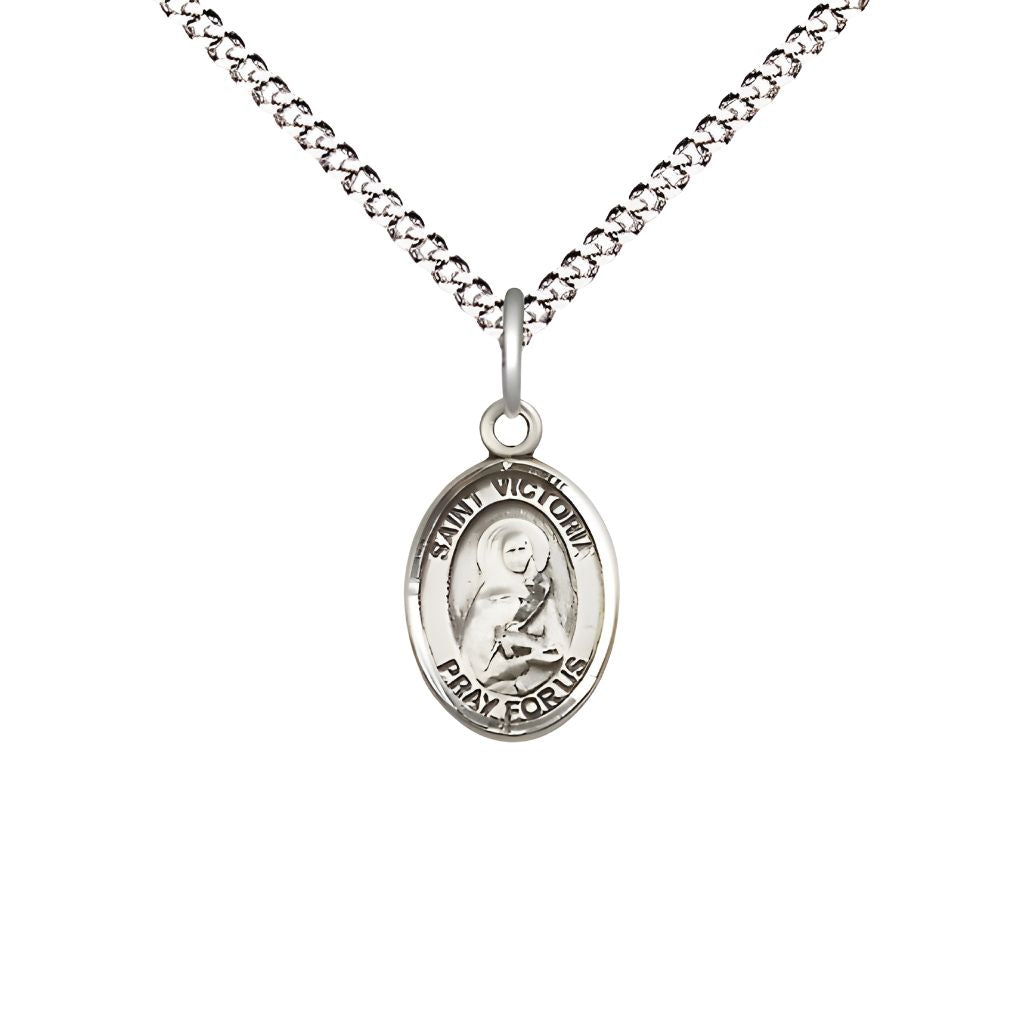 Bliss St. Victoria Engravable Small Children Pewter Medal with Rhodium-plated Chain, Measures 1/2-inch tall by 1/4-inch wide.