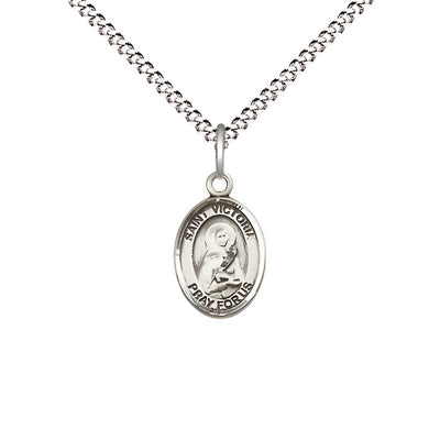 St. Victoria Engravable Small Children Pewter Medal with Rhodium-plated Chain, Measures 1/2-inch tall by 1/4-inch wide, Bliss Manufacturing
