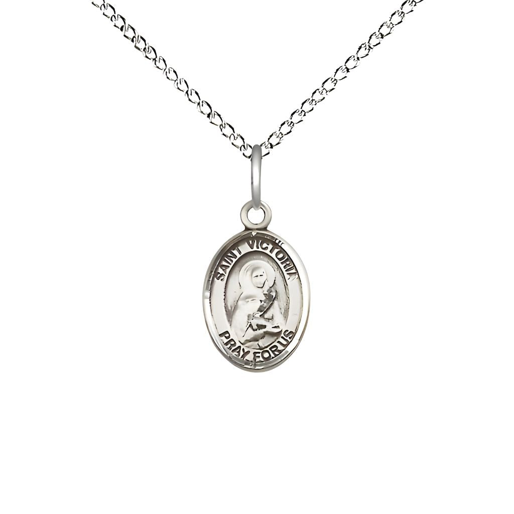 Bliss St. Victoria Engravable Small Children Sterling Silver Medal with Sterling Chain, Measures 1/2-inch tall by 1/4-inch wide.
