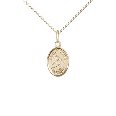 St. Perpetua 14kt Gold-filled Oval Small Children Medal with Gold-filled Chain, Measures 1/2-inch tall by 1/4-inch wide. Deluxe Gift Box, Bliss Manufacturing