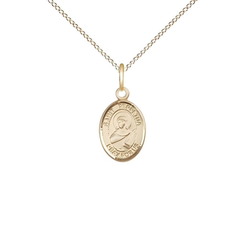 Bliss St. Perpetua 14kt Gold Oval Small Children Medal with 14kt Gold Chain, Measures 1/2-inch tall by 1/4-inch wide. Deluxe Gift Box.