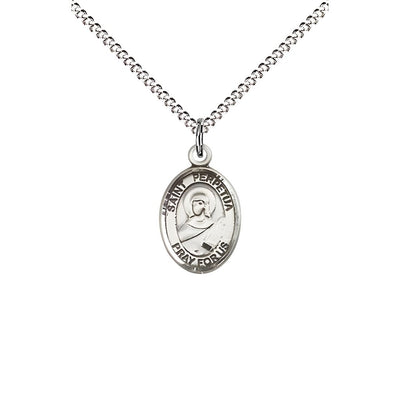 St. Perpetua Engravable Small Children Pewter Medal with Rhodium-plated Chain, Measures 1/2-inch tall by 1/4-inch wide. Deluxe Gift Box, Bliss Manufacturing