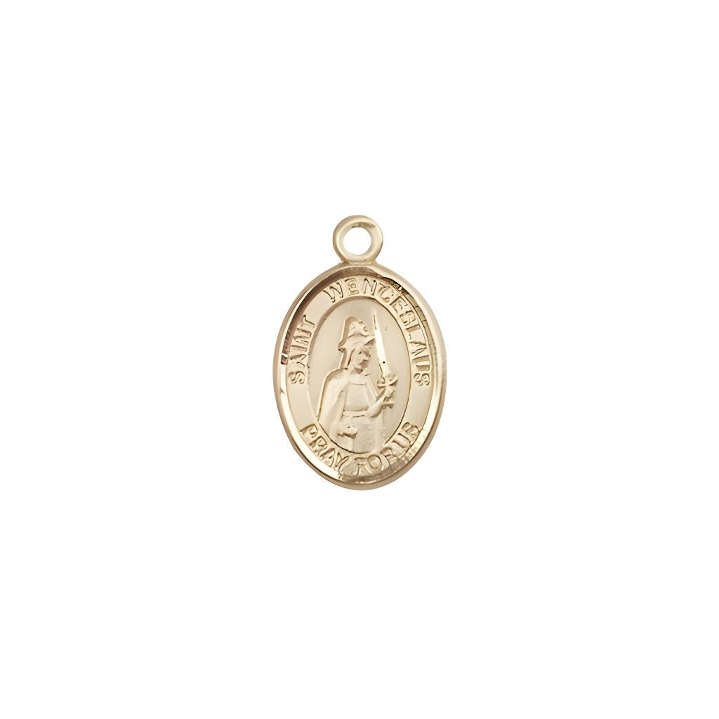 Bliss St. Wenceslaus 14kt Gold Oval Small Children Medal, Measures 1/2-inch tall by 1/4-inch wide.