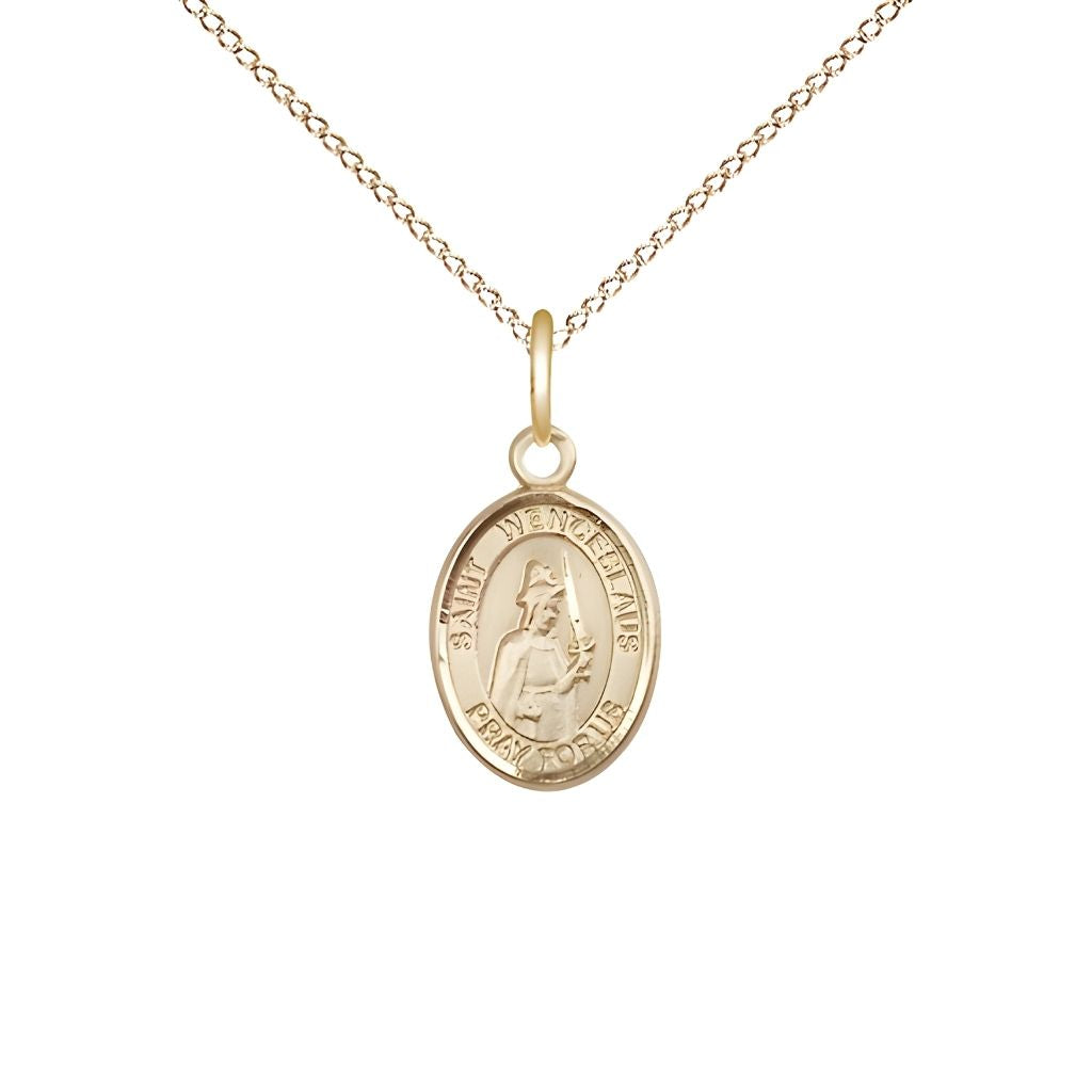 Bliss St. Wenceslaus 14kt Gold Oval Small Children Medal with 14kt Gold Chain, Measures 1/2-inch tall by 1/4-inch wide.