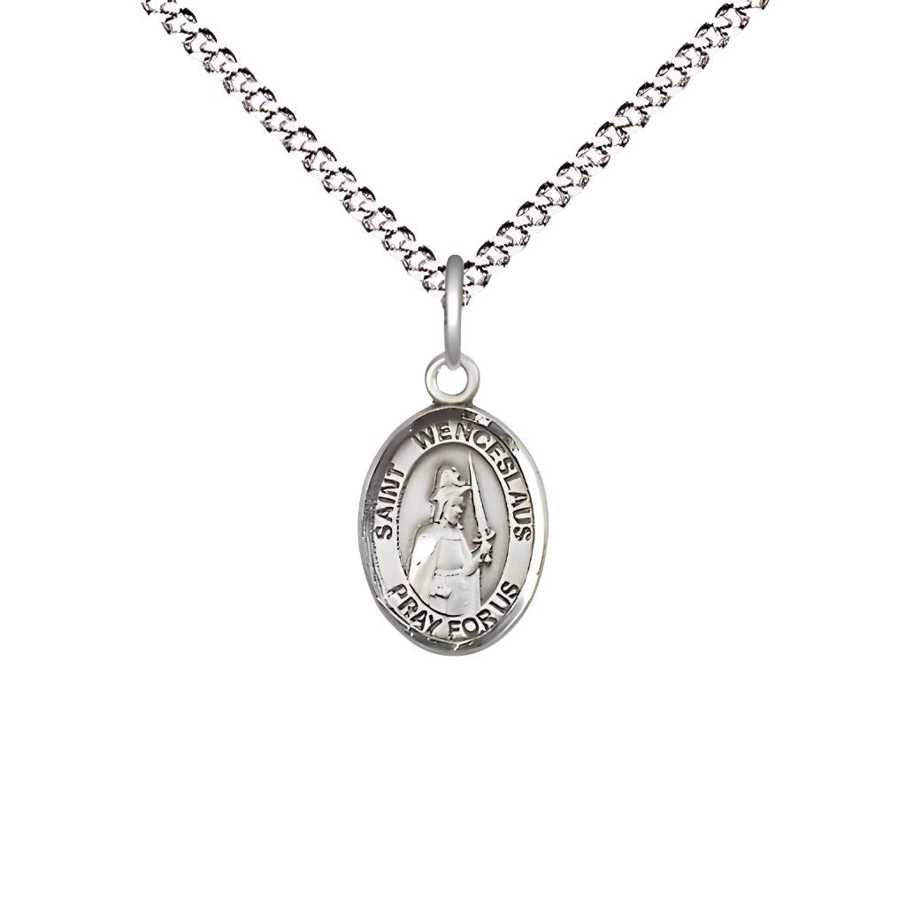 Bliss St. Wenceslaus Engravable Small Children Pewter Medal with Rhodium-plated Chain, Measures 1/2-inch tall by 1/4-inch wide.