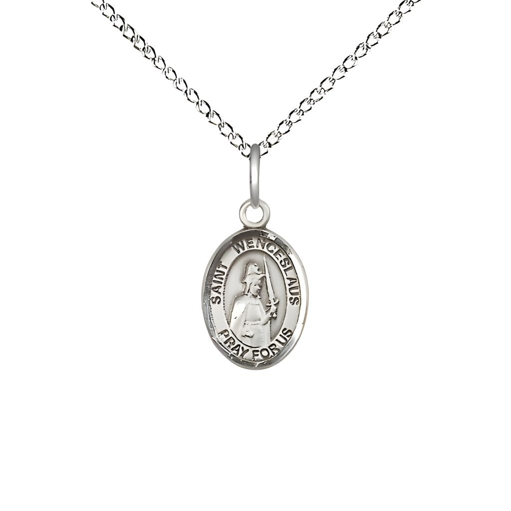 Bliss St. Wenceslaus Engravable Small Children Sterling Silver Medal with Sterling Chain, Measures 1/2-inch tall by 1/4-inch wide.