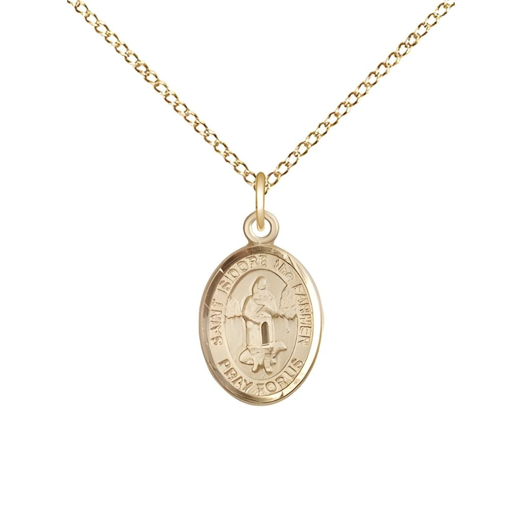 Bliss St. Isidore the Farmer 14kt Gold-filled Oval Small Children Medal with Gold-filled Chain, Measures 1/2-inch tall by 1/4-inch wide. Deluxe Gift Box.