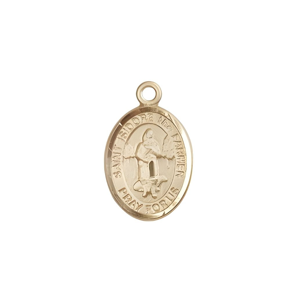 Bliss St. Isidore the Farmer 14kt Gold Oval Small Children Medal, Measures 1/2-inch tall by 1/4-inch wide. Deluxe Gift Box.