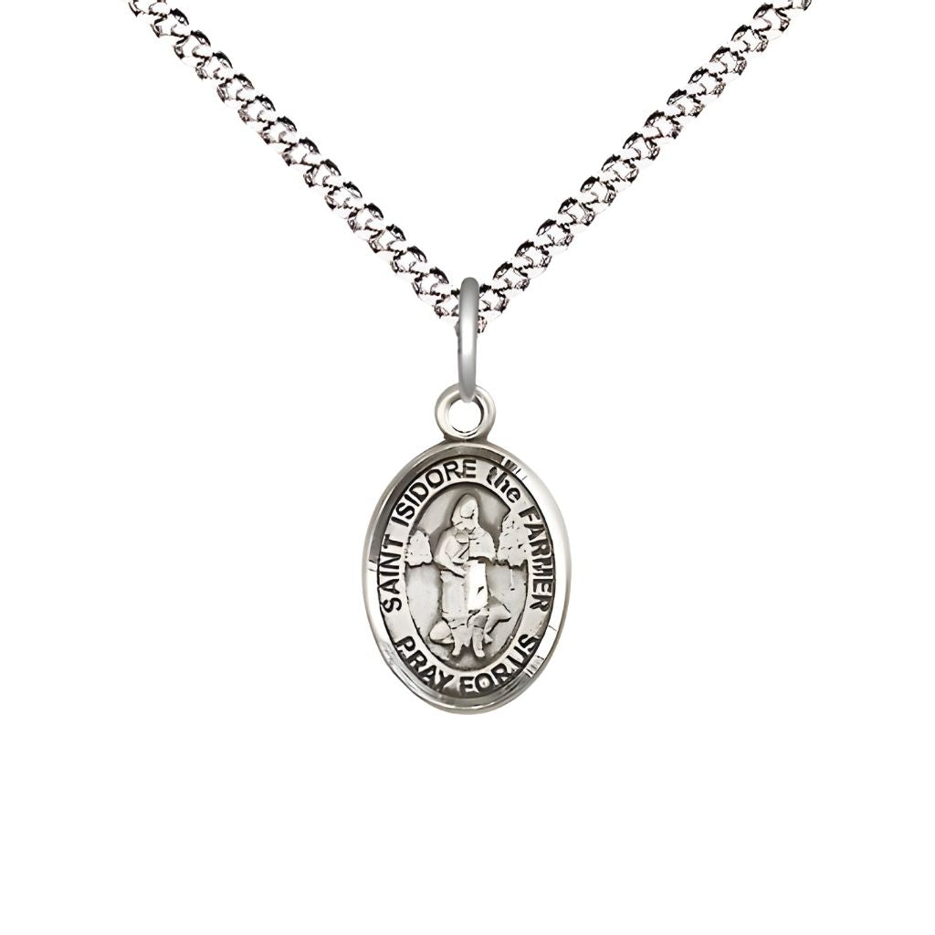 Bliss St. Isidore the Farmer Small Children Pewter Medal with Rhodium-plated Chain, Measures 1/2-inch tall by 1/4-inch wide. Deluxe Gift Box.